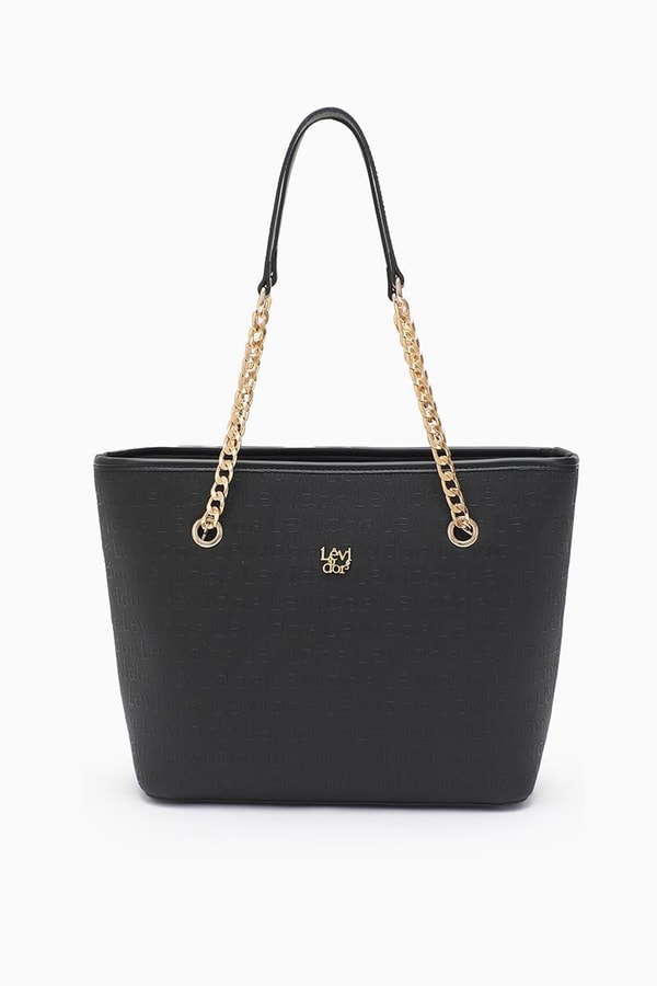 LevidorLevidor Siyah Monogram Baskılı Zincir Askılı Tote Çanta