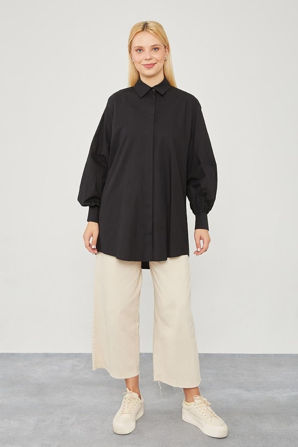 LevidorLevidor Siyah Oversize Balon Kol Poplin Gömlek