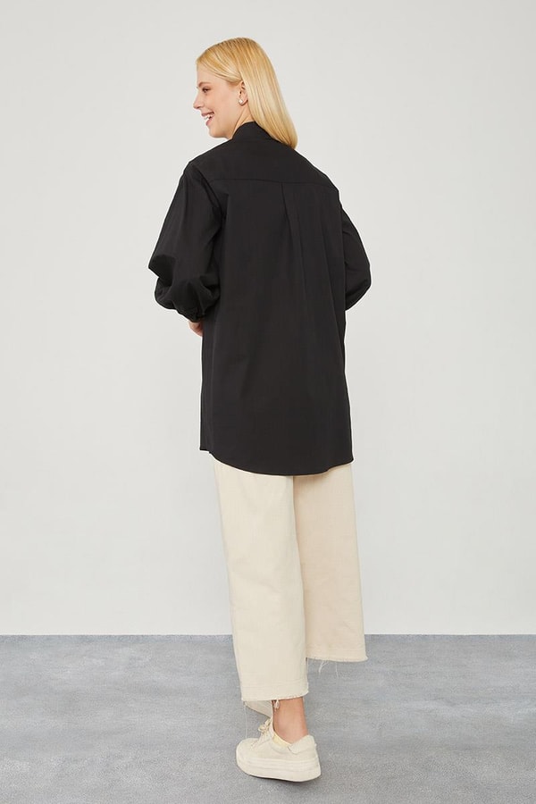 LevidorLevidor Siyah Oversize Balon Kol Poplin Gömlek