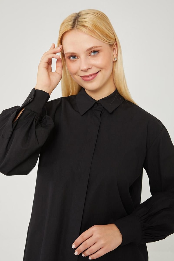 LevidorLevidor Siyah Oversize Balon Kol Poplin Gömlek