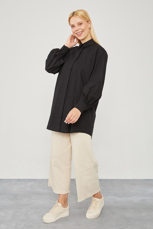 LevidorLevidor Siyah Oversize Balon Kol Poplin Gömlek