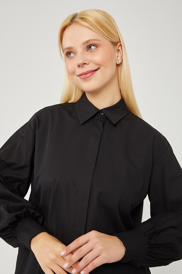 LevidorLevidor Siyah Oversize Balon Kol Poplin Gömlek