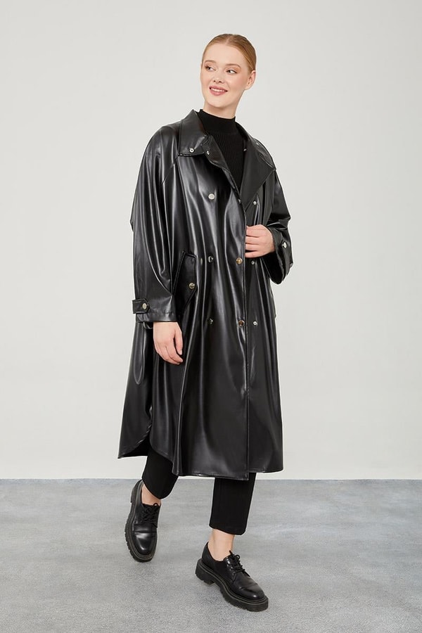 LevidorLevidor Siyah Oversize Suni Deri Trençkot