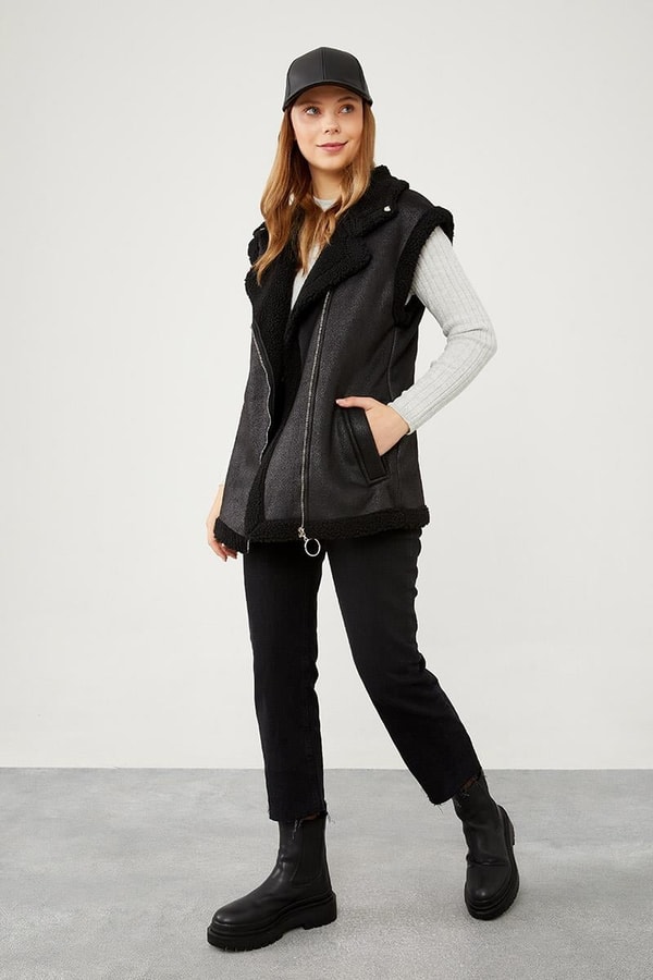 LevidorLevidor Siyah Peluş içli Deri Yelek