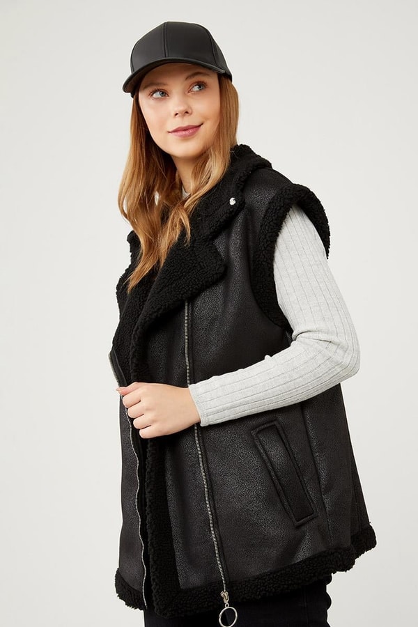 LevidorLevidor Siyah Peluş içli Deri Yelek