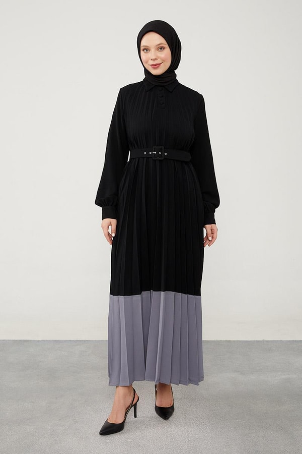 LevidorLevidor Siyah Pliseli Çift Renk Kemerli Elbise