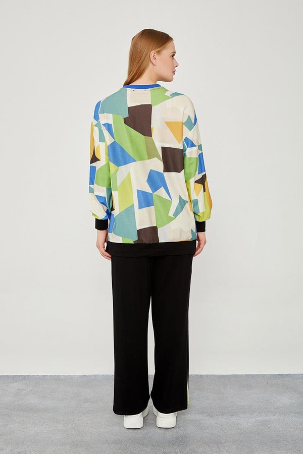 LevidorLevidor Siyah-Saks Bisiklet Yaka Geometrik Desen Spor Takım