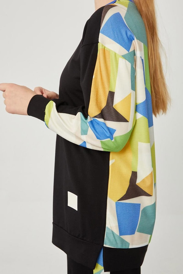 LevidorLevidor Siyah-Saks Bisiklet Yaka Geometrik Desen Spor Takım