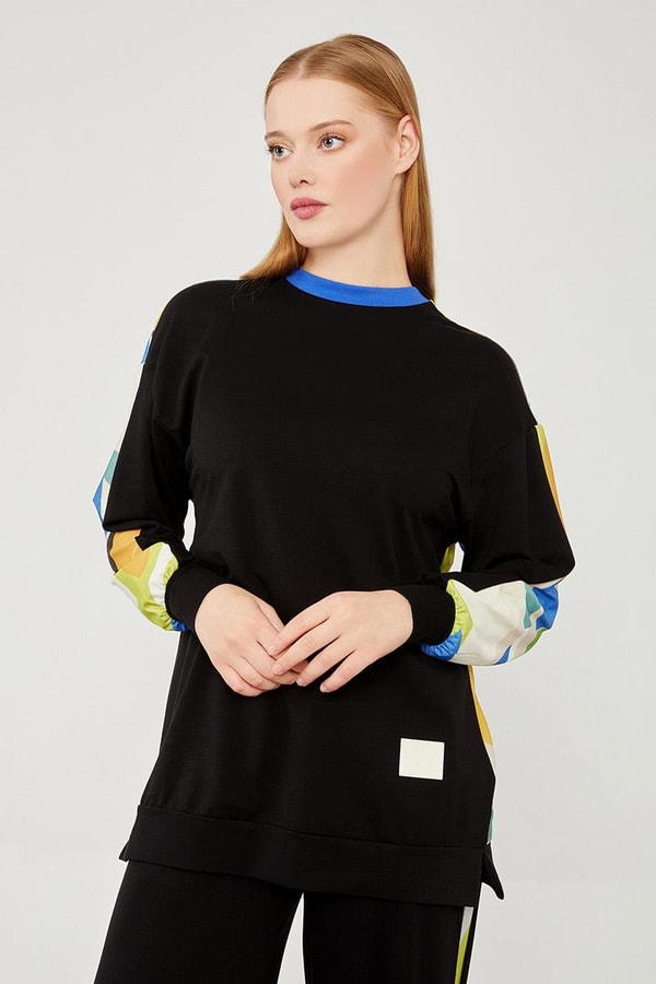 LevidorLevidor Siyah-Saks Bisiklet Yaka Geometrik Desen Spor Takım