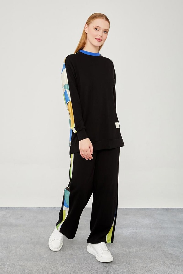 LevidorLevidor Siyah-Saks Bisiklet Yaka Geometrik Desen Spor Takım