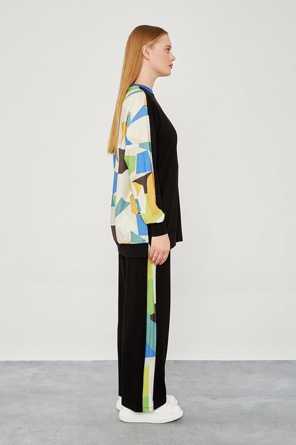 LevidorLevidor Siyah-Saks Bisiklet Yaka Geometrik Desen Spor Takım