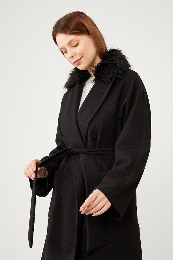 LevidorLevidor Siyah Yakası Kürt Detaylı Kuşak Bağlamalı Kaşe Kaban