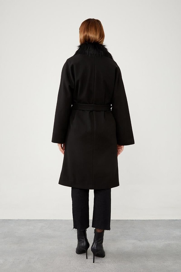 LevidorLevidor Siyah Yakası Kürt Detaylı Kuşak Bağlamalı Kaşe Kaban