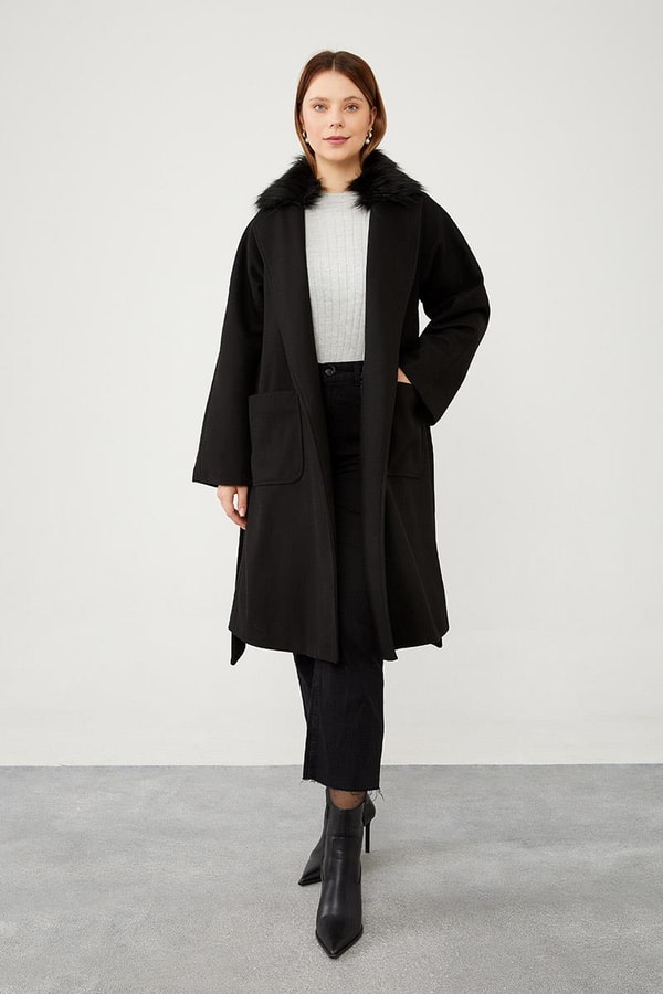 LevidorLevidor Siyah Yakası Kürt Detaylı Kuşak Bağlamalı Kaşe Kaban