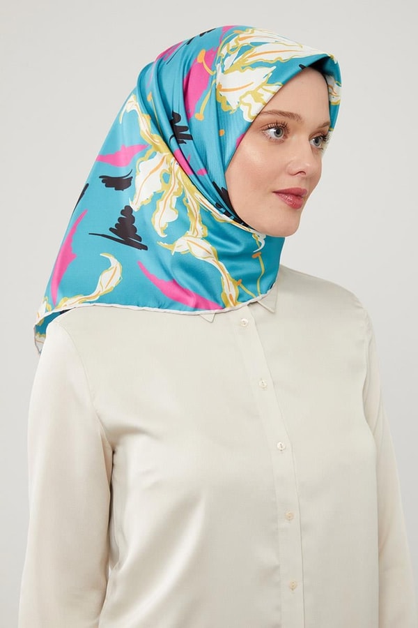 LevidorLevidor Su Yeşili Yaprak Desen Twill Eşarp