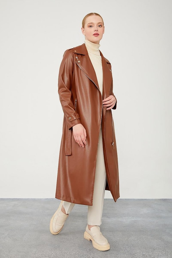 LevidorLevidor Taba Astarsız Zımba Detaylı Deri Trençkot