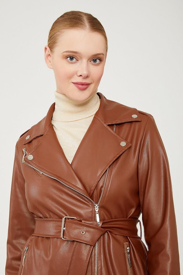 LevidorLevidor Taba Astarsız Zımba Detaylı Deri Trençkot