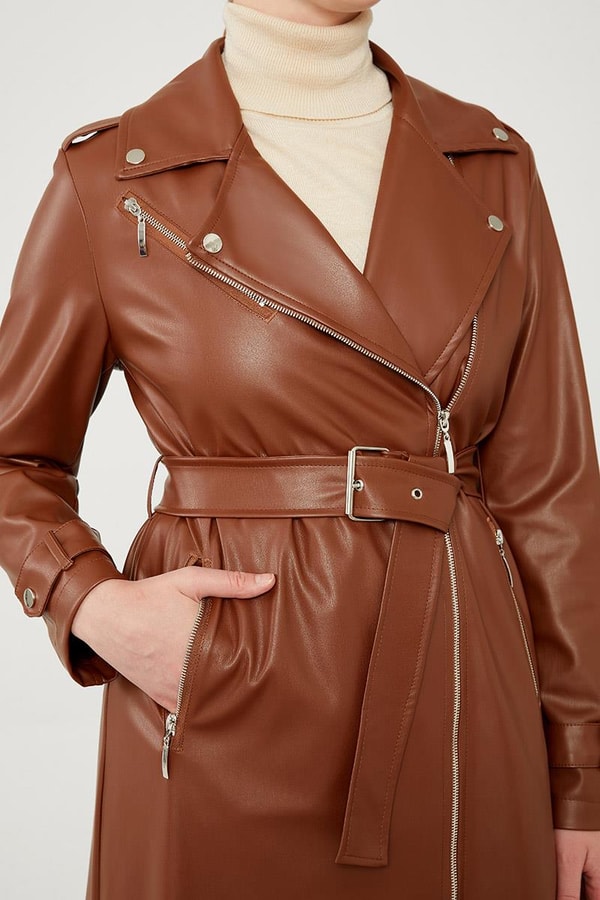 LevidorLevidor Taba Astarsız Zımba Detaylı Deri Trençkot