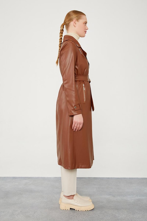 LevidorLevidor Taba Astarsız Zımba Detaylı Deri Trençkot