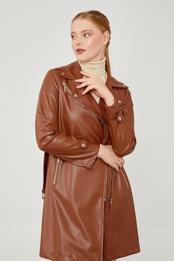 LevidorLevidor Taba Kemerli Uzun Deri Ceket