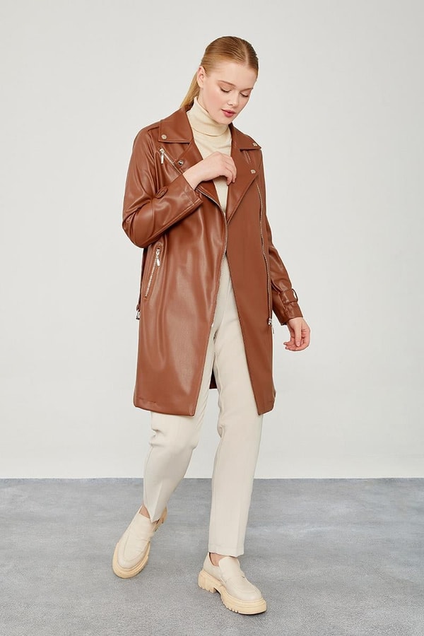 LevidorLevidor Taba Kemerli Uzun Deri Ceket