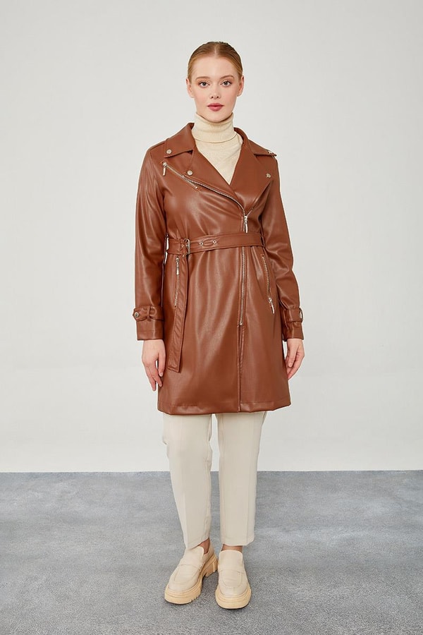 LevidorLevidor Taba Kemerli Uzun Deri Ceket