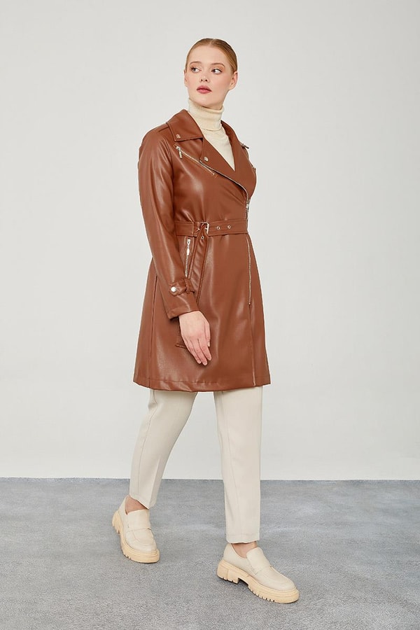 LevidorLevidor Taba Kemerli Uzun Deri Ceket