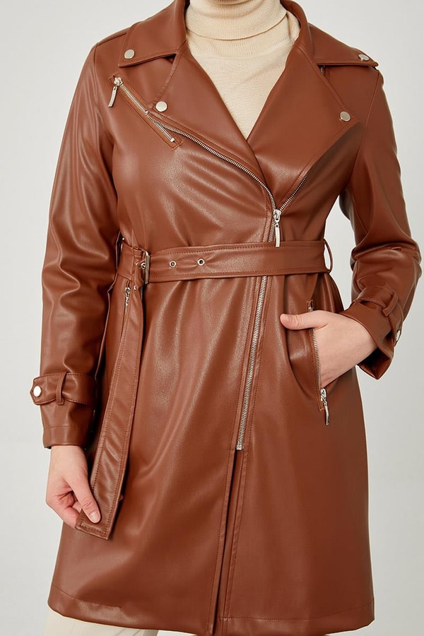 LevidorLevidor Taba Kemerli Uzun Deri Ceket