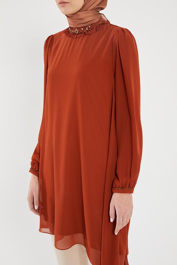 LevidorLevidor Tarçın Yakası İşlemeli Şifon Abiye Tunik