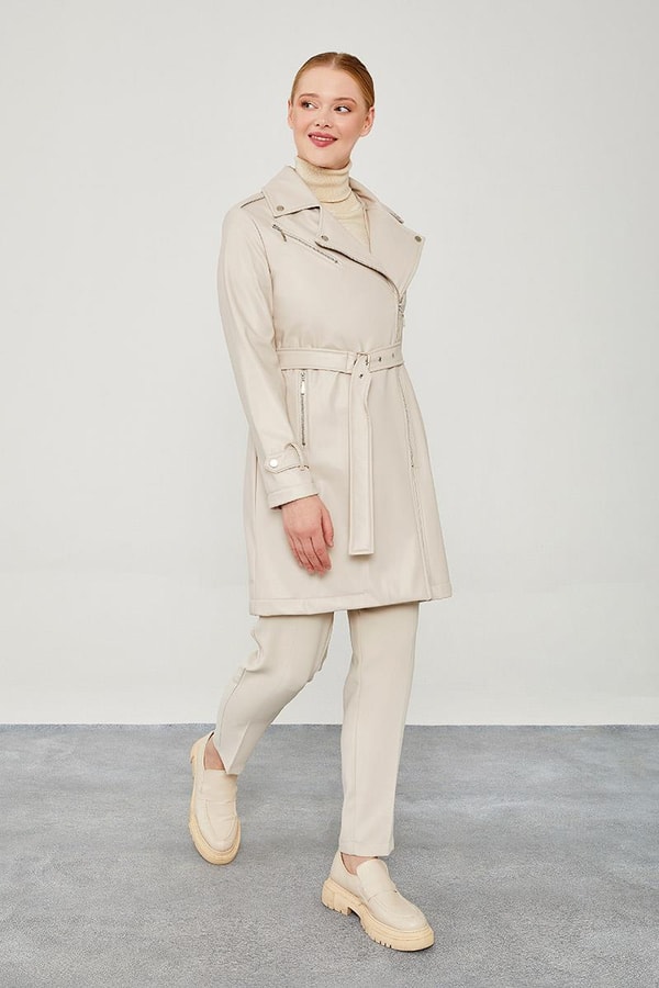 LevidorLevidor Taş Kemerli Uzun Deri Ceket