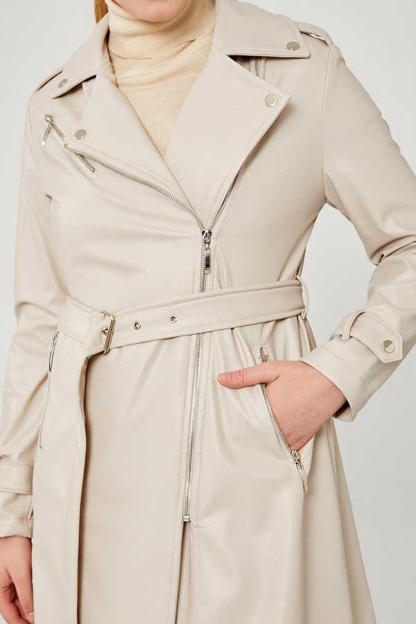 LevidorLevidor Taş Kemerli Uzun Deri Ceket