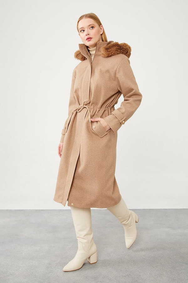 LevidorLevidor Toprak Kapüşonlu Belden Büzgü Detaylı Kaşe Kaban