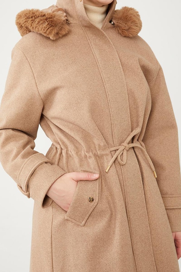 LevidorLevidor Toprak Kapüşonlu Belden Büzgü Detaylı Kaşe Kaban