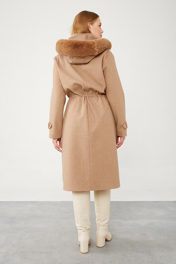 LevidorLevidor Toprak Kapüşonlu Belden Büzgü Detaylı Kaşe Kaban