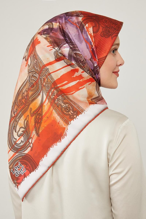 LevidorLevidor Turuncu Batik Etnik Baskılı Trend Twill Eşarp
