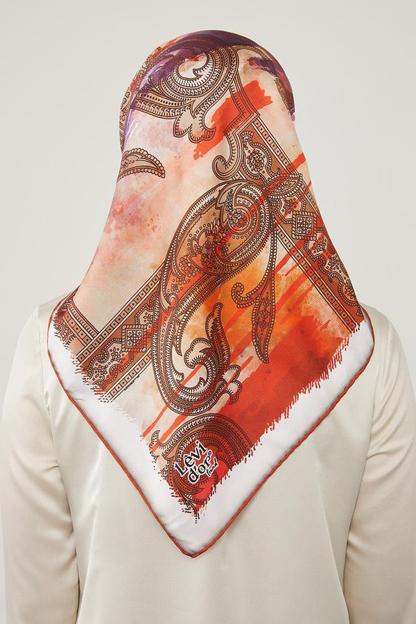 LevidorLevidor Turuncu Batik Etnik Baskılı Trend Twill Eşarp