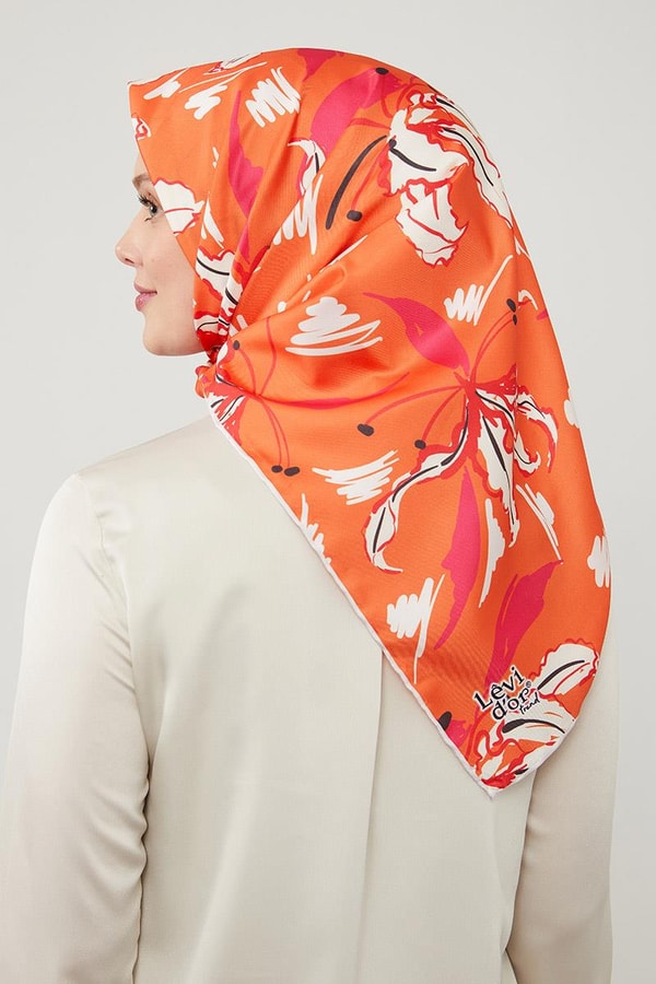 LevidorLevidor Turuncu Yaprak Desen Twill Eşarp