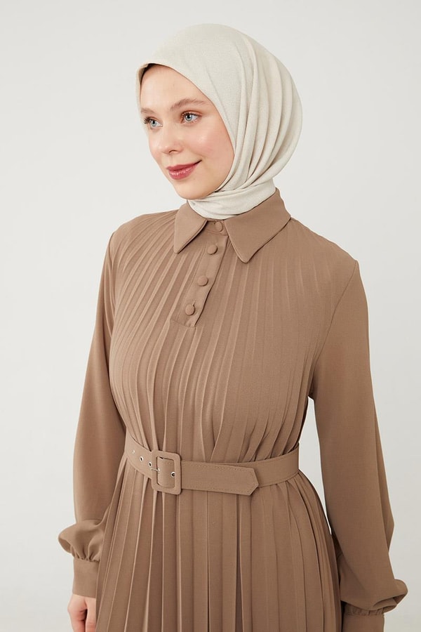 LevidorLevidor Vizon Pliseli Çift Renk Kemerli Elbise