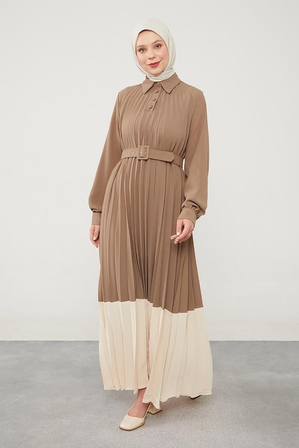 LevidorLevidor Vizon Pliseli Çift Renk Kemerli Elbise