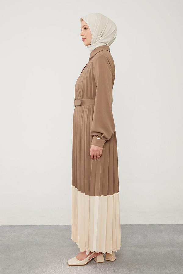 LevidorLevidor Vizon Pliseli Çift Renk Kemerli Elbise