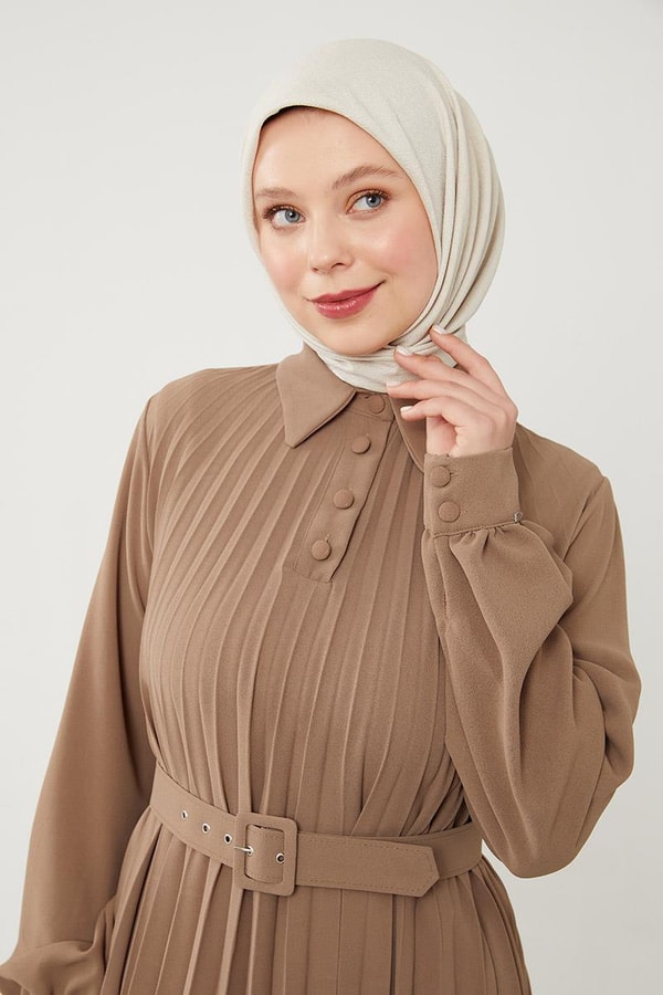 LevidorLevidor Vizon Pliseli Çift Renk Kemerli Elbise