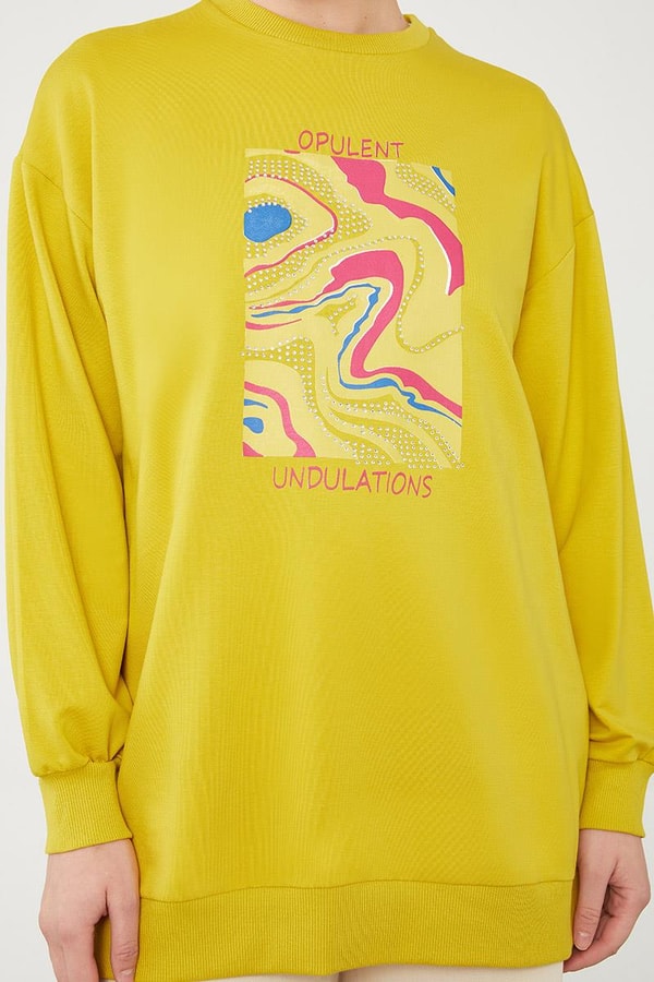 LevidorLevidor Yağ Yeşili Bisiklet Yaka Taş Baskılı Sweat