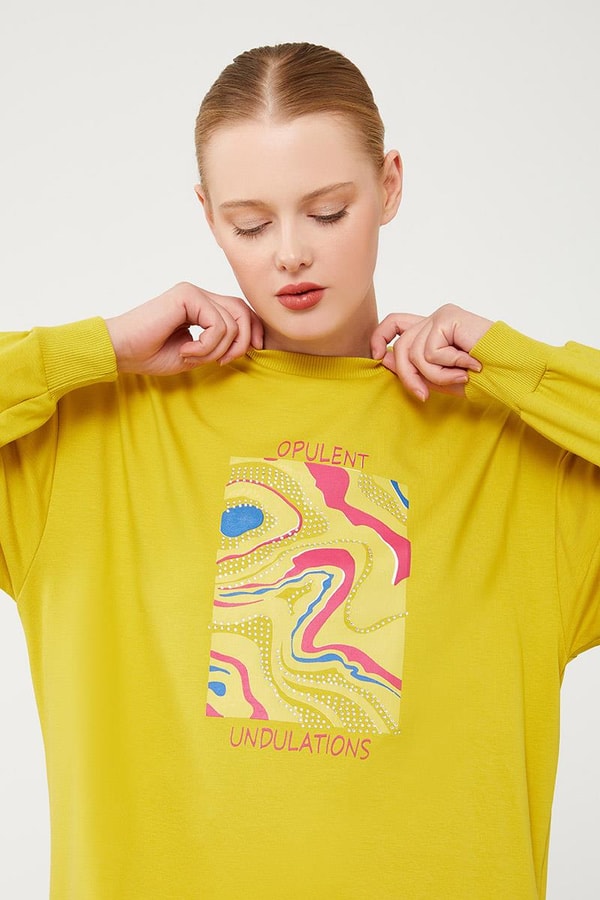 LevidorLevidor Yağ Yeşili Bisiklet Yaka Taş Baskılı Sweat