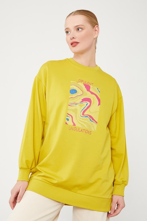 LevidorLevidor Yağ Yeşili Bisiklet Yaka Taş Baskılı Sweat