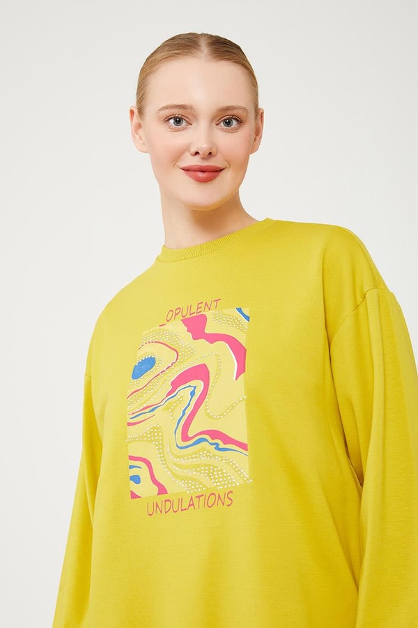 LevidorLevidor Yağ Yeşili Bisiklet Yaka Taş Baskılı Sweat