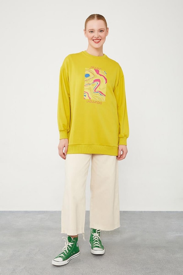 LevidorLevidor Yağ Yeşili Bisiklet Yaka Taş Baskılı Sweat