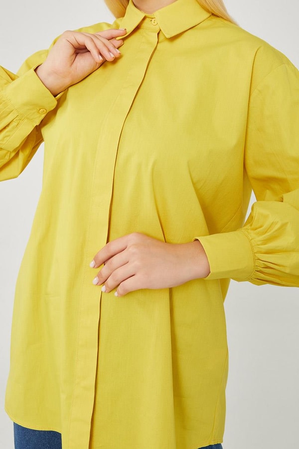 LevidorLevidor Yağ Yeşili Oversize Balon Kol Poplin Gömlek