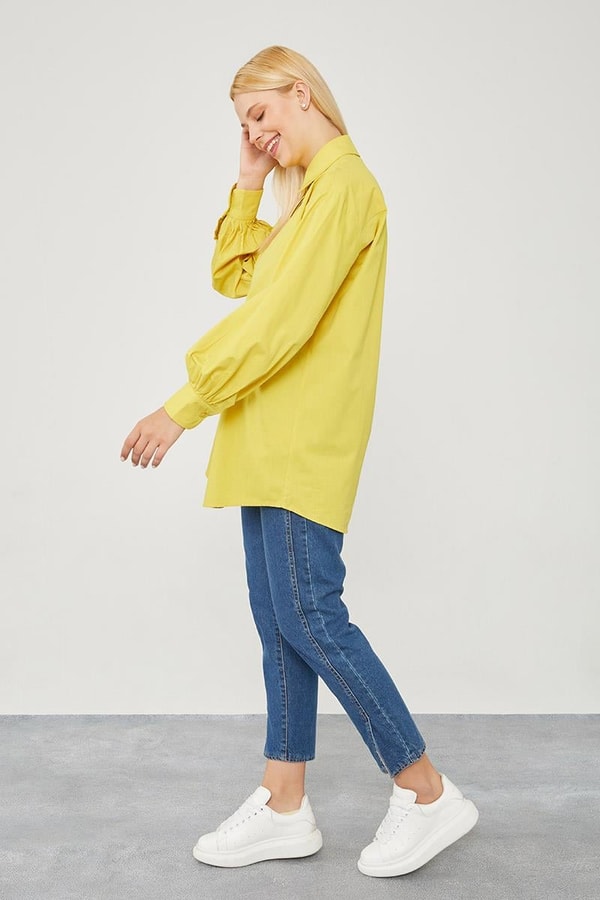 LevidorLevidor Yağ Yeşili Oversize Balon Kol Poplin Gömlek