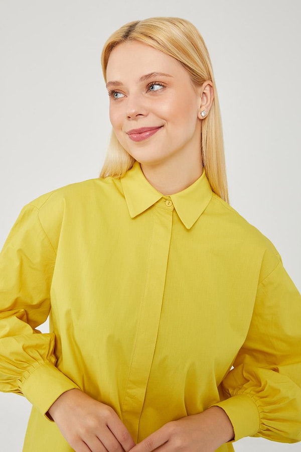 LevidorLevidor Yağ Yeşili Oversize Balon Kol Poplin Gömlek