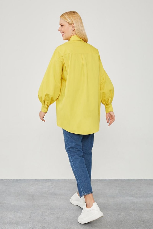 LevidorLevidor Yağ Yeşili Oversize Balon Kol Poplin Gömlek